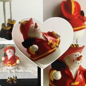 Fire Department Snowman Shelf Sitter Dangling Legs Resin Sculpture